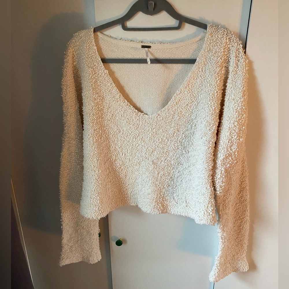 Free People Cream Textured Knit Cropped Sweater